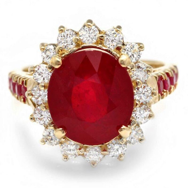 7.30 Karat Roter Rubin Und Diamant 14K Massiver Gelbgold Ring von Beringo
