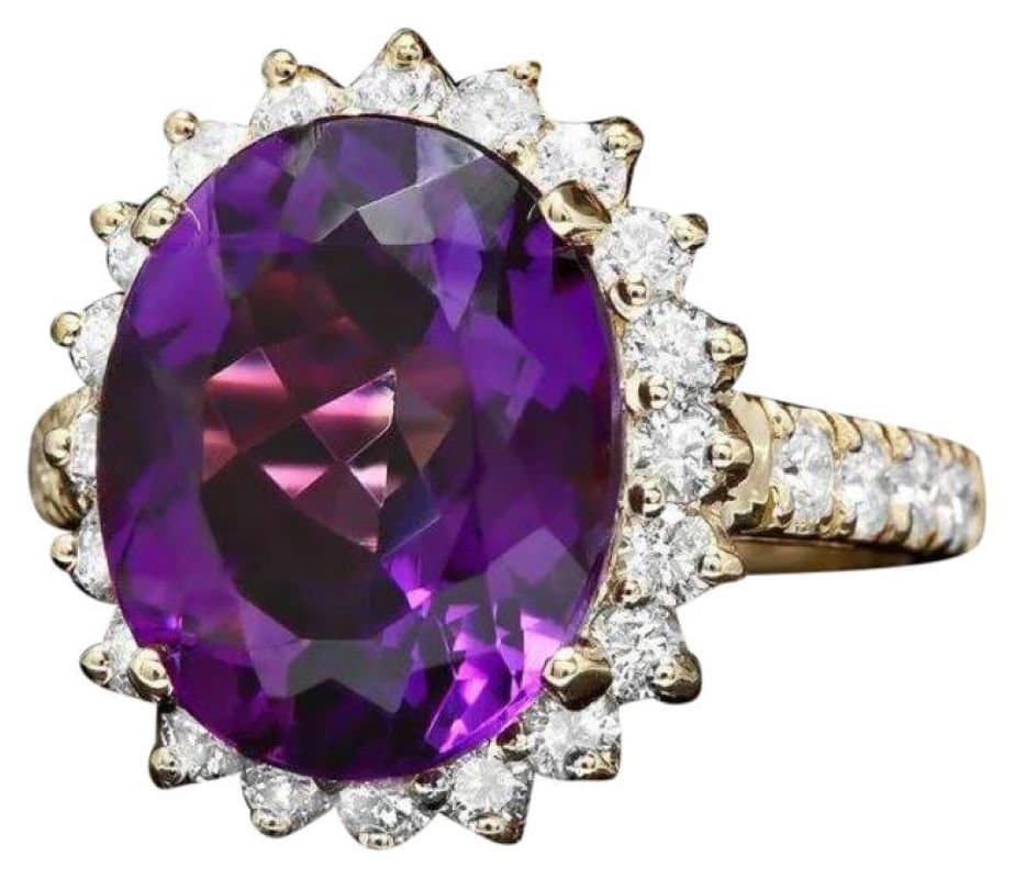 7.60 Karat Natürlicher Amethyst Und Diamant 14K Massiv Gelbgold Ring von Beringo