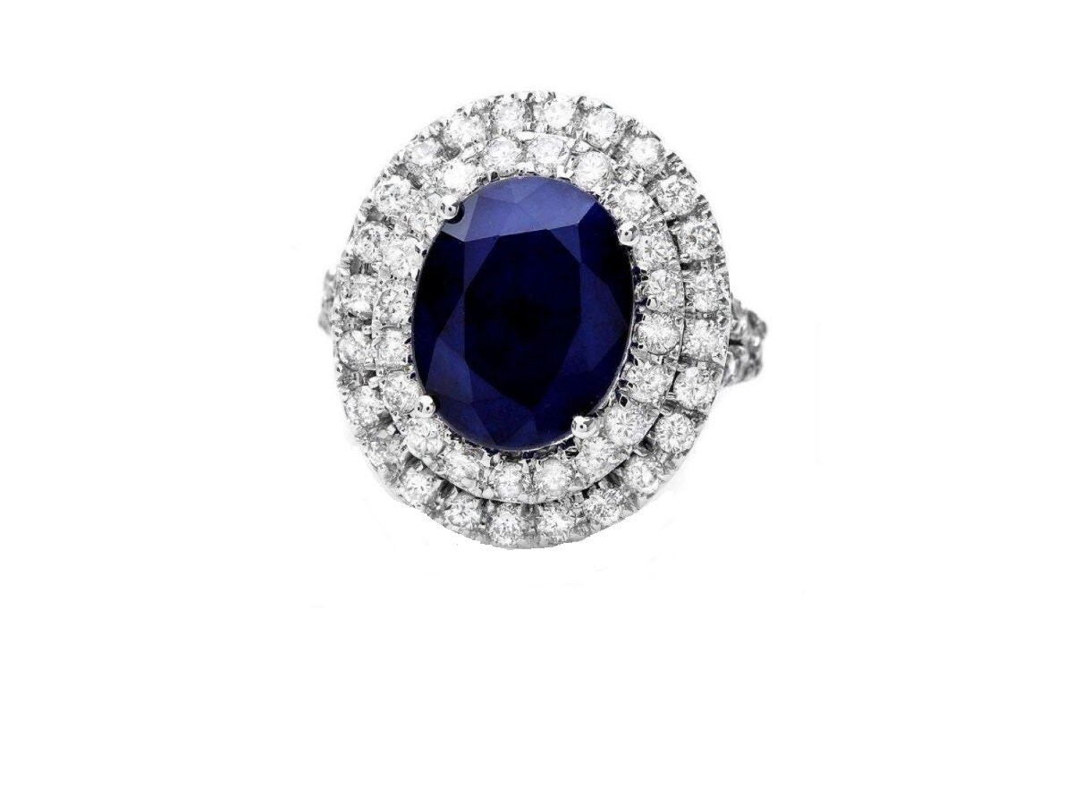 7.90 Karat Natürlicher Blauer Saphir Und Diamant 14K Massiver Weißgold Ring von Beringo