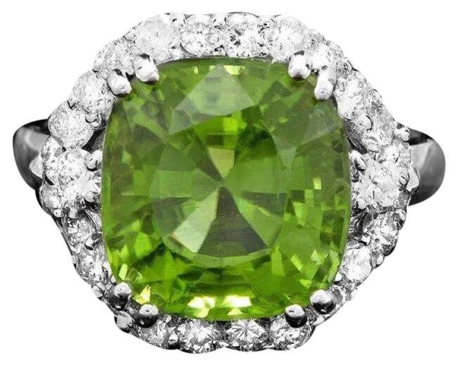 8, 50 Karat Natürlicher Peridot Und Diamant 14K Massiver Weißgold Ring von Beringo