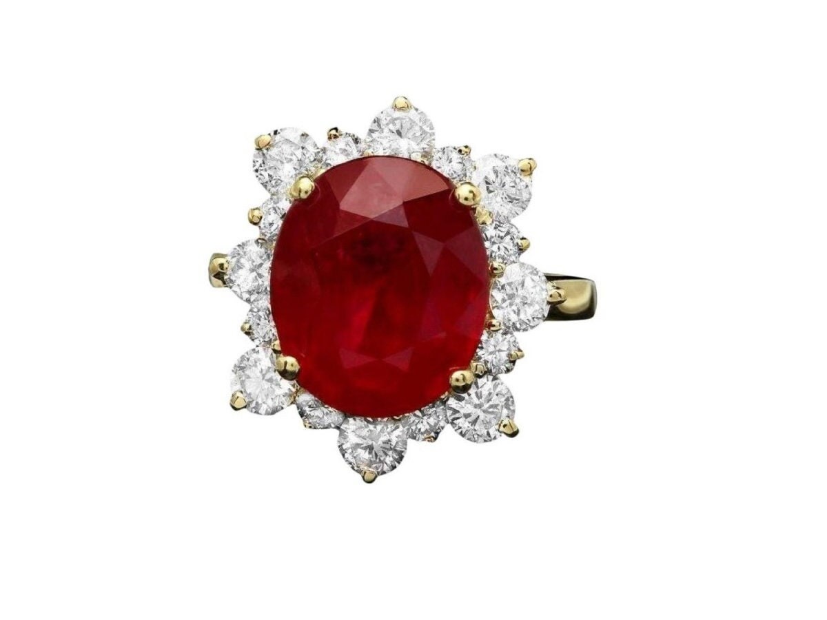 8.40 Karat Roter Rubin Und Diamant 14K Massiv Gelbgold Ring von Beringo