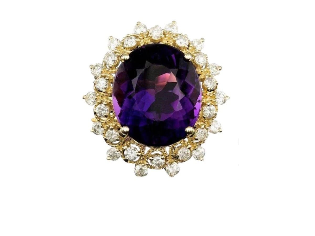 8.60 Karat Natürlicher Amethyst Und Diamant 14K Massiv Gelbgold Ring von Beringo