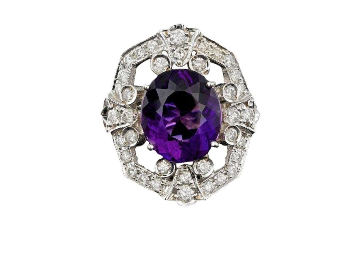 8.60 Karat Natürlicher Amethyst Und Diamant 14K Massiver Weißgold Ring von Beringo