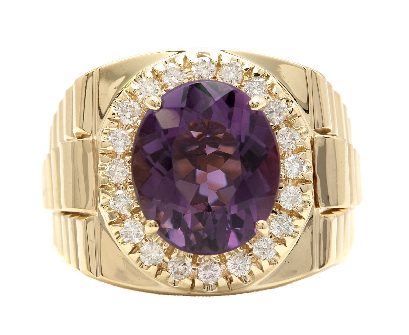 9, 60 Karat Natürlicher Amethyst Und Diamant 14K Massive Gelbgold Herrenring von Beringo