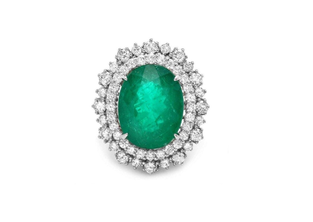 9.10Ct Natürlicher Smaragd & Diamant 14K Massiver Weißgold Ring von Beringo