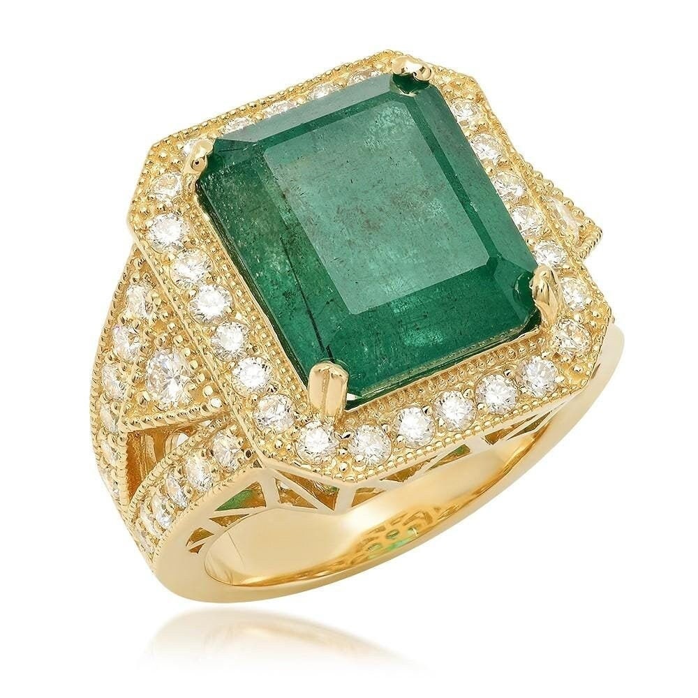 9.40 Karat Natürlicher Smaragd Und Diamant 14K Massiver Gelbgold Ring von Beringo