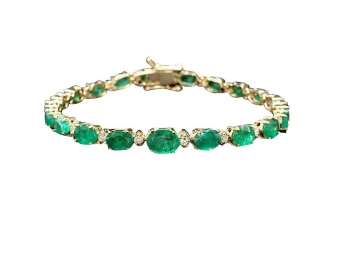 Beeindruckendes 11.40 Karat Natürliches Smaragd & Diamant 14K Massives Gelbgold Armband von Beringo