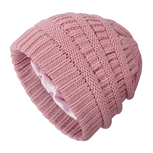 Beanie Mütze für Damen und Mädchen Winter Gestrickte Satin Gefütterte Beanie Hüte Strickmützen für Reisen Camping Skating Skifahren Outdoor Aktivitäten Rosa von Berkelen