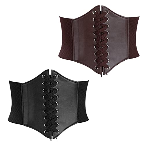 Damen Breiter Elastischer Taillengürtel 2 Stück Tied Waspie Gürtel Elegant Schnürkorsett Elastischen Breiten Band für Frauen Kleider Schwarz + Kaffee von Berkelen