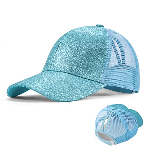 Mädchen Basecap Kinder Glitzer Baseball Cap Pferdeschwanz Hüte Glänzende Verstellbare Sonnenhut Kleine Mädchen Sommer Baseballkappe für 3-8 Jahre alt Himmelblau von Berkelen