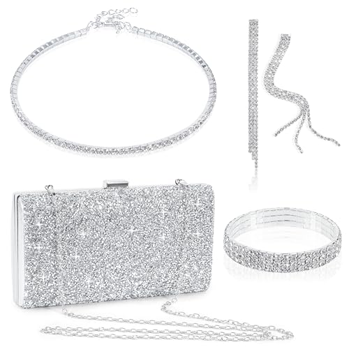 Strass Abendtasche Clutch Damen Glitzer Handtasche Brauthochzeit Clutch Set mit Ohrringe Halskette Armband für Party Hochzeit Bankett Prom 4 Stücke von Berkelen