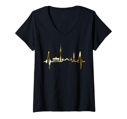 Damen Berlin Skyline Herzschlag Fan Souvenir Liebe Love Berliner T-Shirt mit V-Ausschnitt von Berliner Skylines für echte Berlin Fans mit Herz