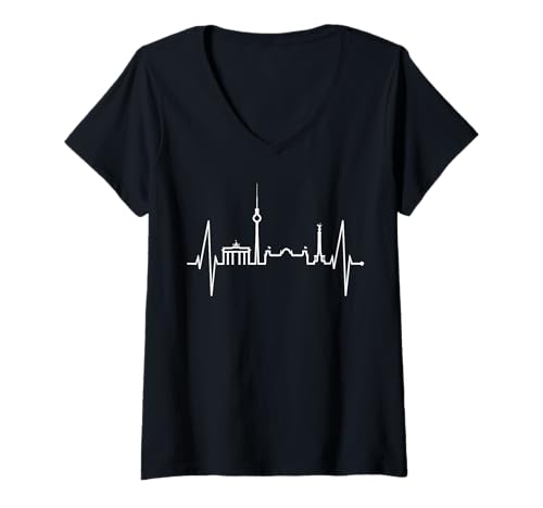 Damen Berlin Skyline Herzschlag Fan Souvenir Liebe I Love Berlin T-Shirt mit V-Ausschnitt von Berliner Skylines Für Echte Berlin Fans Mit Herz