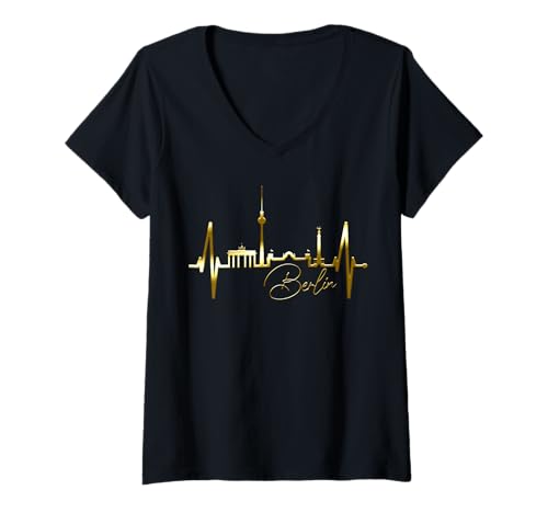 Damen Berlin Skyline Herzschlag Fan Souvenir Liebe I Love Berlin T-Shirt mit V-Ausschnitt von Berliner Skylines Für Echte Berlin Fans Mit Herz