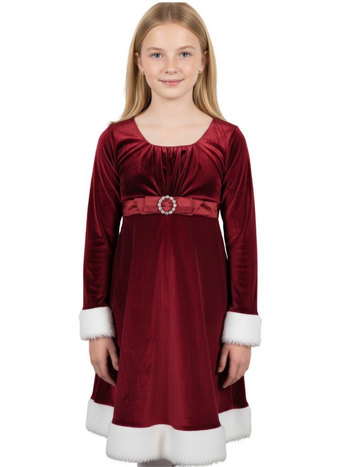 Berlinsel Samtkleid Weihnachtskleid Festtagskleid mit Fellbesatz in weinrot mit Schnalle als perfektes Weihnachtsoutfit von Berlinsel