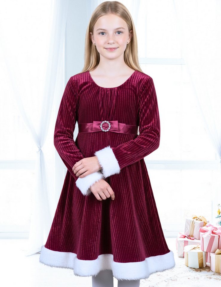 Berlinsel Samtkleid Weihnachtskleid mit feinen Samtstreifen und Fellbesatz in burgunderrot mit Schnalle als perfektes Weihnachtsoutfit von Berlinsel