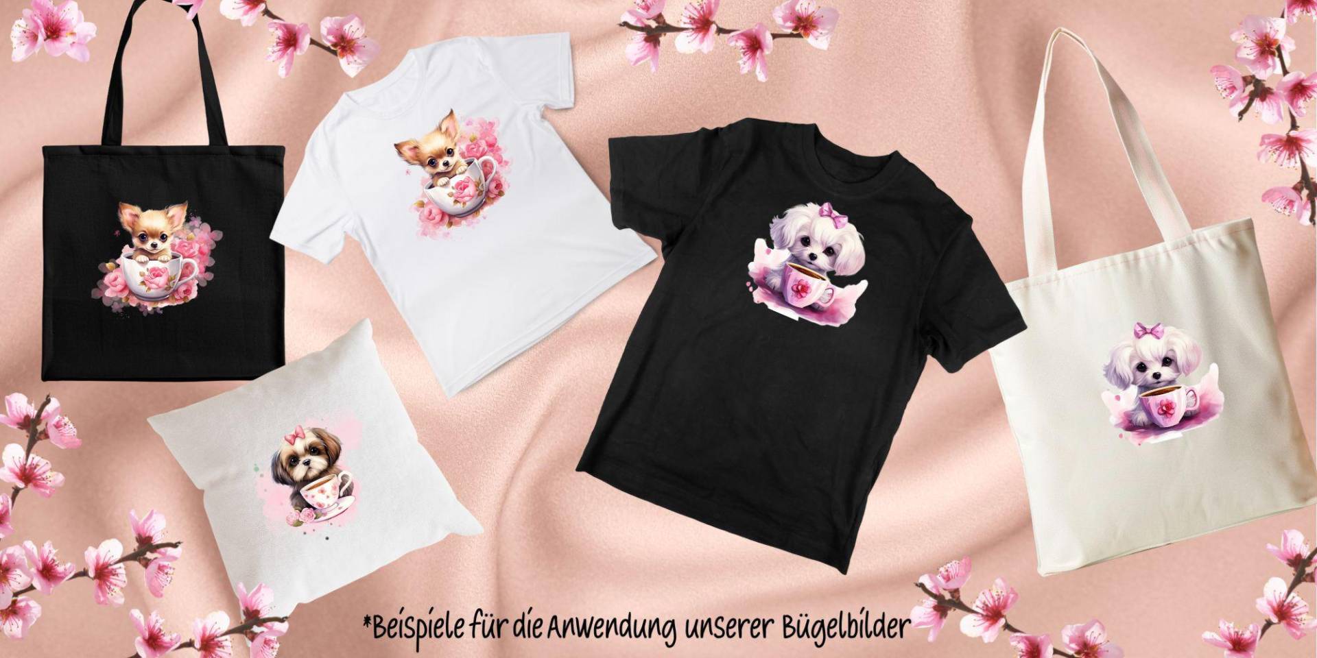Süßer Malteser, Shih-Tzu, Chihuahua Hunde Rosa Bügelbilder Motivbilder Applikation Verschiedene Großen, Mit Blumen, Tassen von BerlishopBerlin