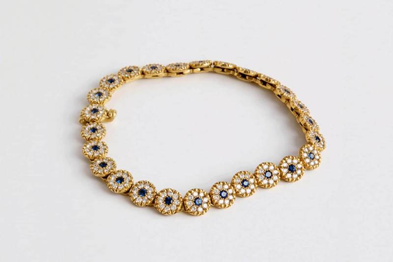 18K Gold Diamant & Saphir Scheiben Armband Handgemachter Edelstein Tika Link von BermanDesigners