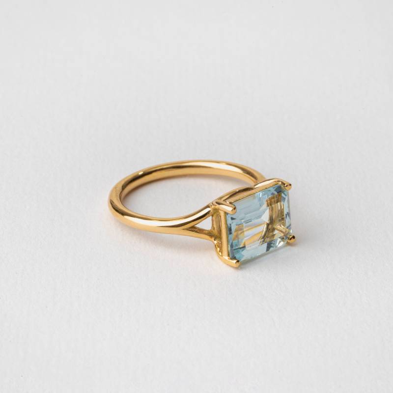 18K Gold Aquamarin Ring Rechteck Baguette Jubiläumsring von BermanDesigners