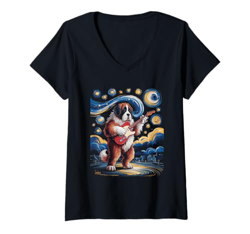Damen Sternennacht Bernhardiner Hund T-Shirt mit V-Ausschnitt von Bernard Dog Guitar