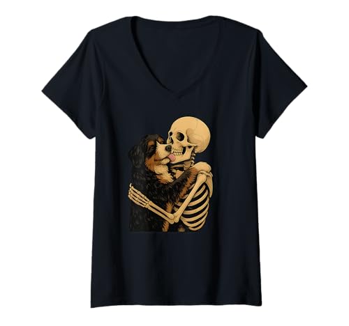 Damen Skeleton Hugging Bernedoodle Dog Halloween T-Shirt mit V-Ausschnitt von Bernedoodle-Hund-Mama