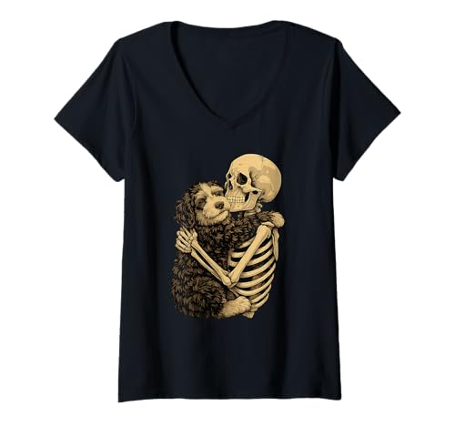 Damen Skeleton Hugging Bernedoodle Dog Halloween T-Shirt mit V-Ausschnitt von Bernedoodle-Hund-Mama