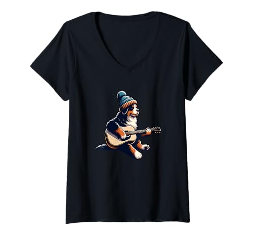 Damen Berner Sennenhund Mit Mütze Spielt Akustikgitarre Musik T-Shirt mit V-Ausschnitt von Berner Sennenhund Gitarre Musik Mütze Winter