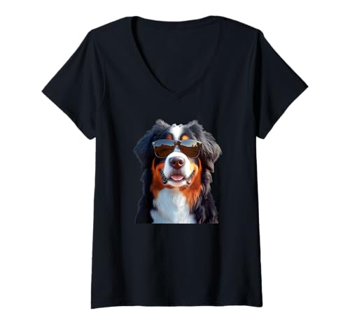 Damen Berner Sennenhund mit Sonnenbrille Hunde Süßer Dürrbächler T-Shirt mit V-Ausschnitt Damen Berner Sennenhund mit Sonnenbrille Hunde Süßer Dürrbächler T-Shirt mit V-Ausschnitt von Berner Sennenhund Liebhaber Frauchen & Herrchen