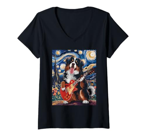 Damen Sternennacht Berner Hund T-Shirt mit V-Ausschnitt von Bernese Dog Guitar