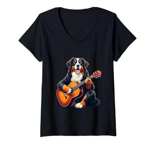 Damen Sennenhund spielt Gitarre lustiger Berner Sennenhund T-Shirt mit V-Ausschnitt Damen Sennenhund spielt Gitarre lustiger Berner Sennenhund T-Shirt mit V-Ausschnitt von Bernese Mountain Dog Lovers Designs