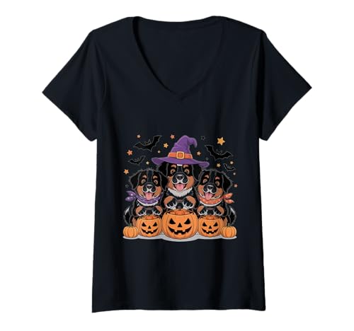 Damen Niedlicher gruseliger Berner Berggeist lustiger Halloween-Hundeliebhaber T-Shirt mit V-Ausschnitt von Bernese Mountain Dogs Halloween Costume Gifts