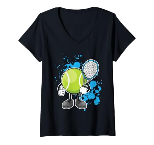 Damen Tennisball-Tennisschläger T-Shirt mit V-Ausschnitt von Bernie's Tennis Gift Idea For A Girl