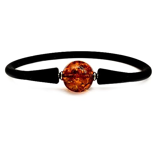 Armband Kautschuk/Silikon mit Bernstein Kugel D-14mm, Gr. 18-20, Silikonarmband Damen und Herren, echter baltischer Bernstein in Farbe Cognac; nicht hitzgepresst, nicht synthetisiert von Bernstein by Kindl