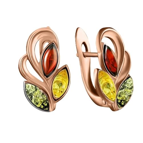 Kleine Rose Gold vergoldete Sterling Silber 925 3-Blätter Ohrringe mit echtem baltischem Bernstein in 3 Farben; Hergestellt in Deutchland von Bernstein by Kindl