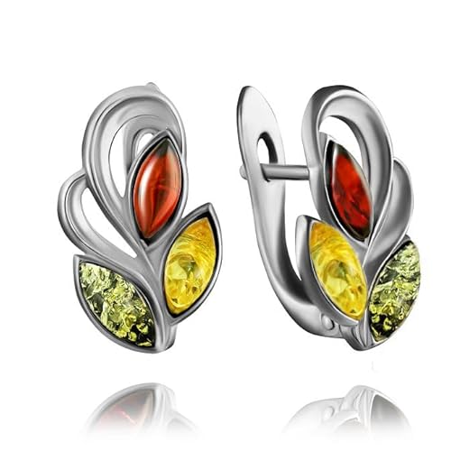 Kleine Sterling Silber 925 3-Blätter Ohrringe mit echtem baltischem Bernstein in 3 Farben; Hergestellt in Deutchland von Bernstein by Kindl
