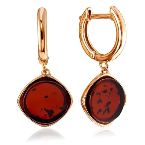 Minimalistische Ohrringe mit Bernstein in Rose Gold vergoldetem Sterling Silber 925, Farbe - Kirsche, Hängeohrringe Silber 925 Bernstein, Designers Jewellry 2024 Kollektion von Bernstein by Kindl