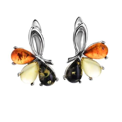 Ohrringe Bernstein 3 Blätter in Sterling Silber 925, 3-farbig - Lemon gelb, braun Cognac und Grüner Bernstein, Silberohrringe Damen, Frühjahr 2022 Kollektion von Bernstein by Kindl