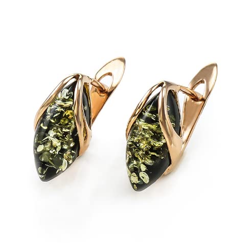 Ohrringe Bernstein Tropfe in Rose Gold vergoldetem Sterling Silber 925, Farbe - Grün, S, Ohrringe Rose Gold Bernstein, Sommer 2021 Kollektion von Bernstein by Kindl