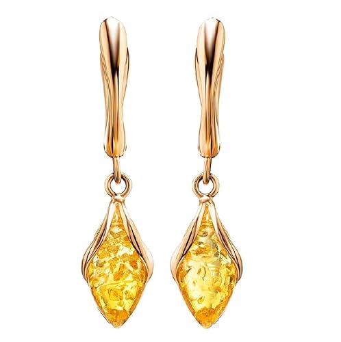 Ohrringe Bernstein Tropfe in Rose Gold vergoldeter Sterling Silber 925, Farbe - Gelb Lemon, Hängeohrringe Rose Gold Bernstein, Sommer 2021 Kollektion von Bernstein by Kindl