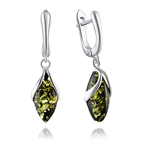 Ohrringe Bernstein Tropfe in Sterling Silber 925, Farbe - Grün, Hängeohrringe Silber 925 Bernstein, Sommer 2021 Kollektion von Bernstein by Kindl