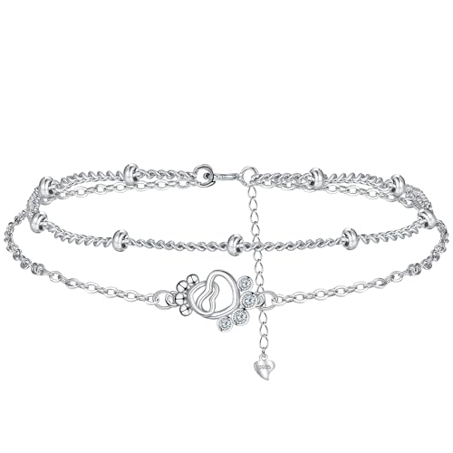 BerriBling Armband Pfoten 925 Sterling Silber Damen Armband Doppelkette - Tierliebhaber Schmuck für Frauen Geschenk ｜ Adjustierbar (16+4cm) von BerriBling