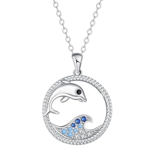 BerriBling Delphin Kette Damen Sterling Silber 925 mit Blaue Zirkonia Wellen Halskette | Meeresthema Schmuck für Frauen Geschenk | Verstellbar (45+5cm) von BerriBling