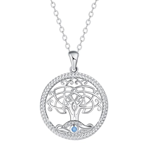 BerriBling Kette Damen Sterling Silber 925 mit Lebensbaum - Keltisch - Böses Auge Energie Halskette | Elegant & Romantisch Kreatives Schmuck für Frauen Geschenk | Verstellbar (45+5cm) von BerriBling
