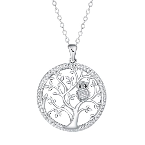 BerriBling Lebensbaum Kette Damen Sterling Silber 925 Halskette mit Eule | Elegante Hypoallergene | Kreatives Schmuck Geschenk für Frauen & Mädchen | Verstellbar (45+5cm) von BerriBling