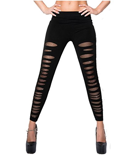 Berry Belle Glamour Stretch Leggins Risse unterlegt mit Spitze, Netz oder Leo Muster auch im Leder Look Größe (34-40) (Schwarz Netz Strass) von Berry Belle
