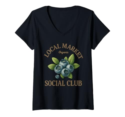 Damen Lokaler Markt Blueberry Social Club T-Shirt mit V-Ausschnitt Damen Lokaler Markt Blueberry Social Club T-Shirt mit V-Ausschnitt von Berry Farm to Table Market Apparel