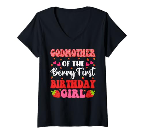 Damen Patentante der Beere erster Geburtstag Geschenke Mädchen süß T-Shirt mit V-Ausschnitt Damen Patentante der Beere erster Geburtstag Geschenke Mädchen süß T-Shirt mit V-Ausschnitt von Berry First Strawberry 1st Birthday Party Gifts