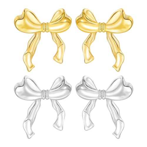 Schleifen Ohrringe Damen, Gold Silber Bow Earrings Chunky Ohrringe Gold, Hypoallergene Bow Ohrringe Ribbon Earrings Gold, Muttertag Geburtstags Schleifen Schmuck Dupes Ohrringe Geschenke für Frauen von Berry Only