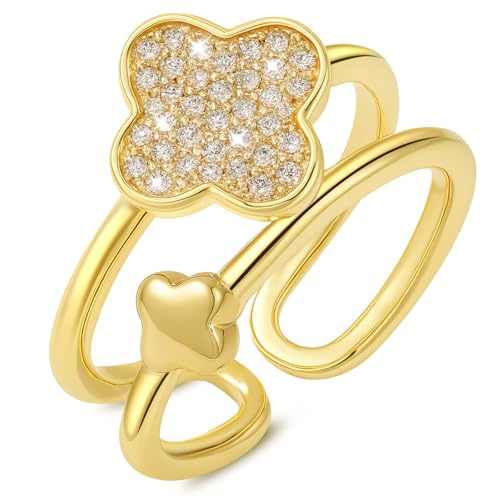 Kleeblatt Ringe Gold, Ring Damen mit Cubic Zirkonia, Offener Doppelte Ring Gold Damen, Kleeblatt Schmuck Vierblättriges Geschenk Für Frauen Geburtstage Valentinstag Jahrestag Weihnachten von Berry Only