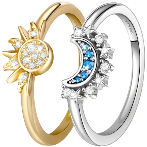 Sonne Mond Ring Gold Silber Set, Ringe Frauen Silber 925, Himmlische Sonne Ring Gold und Mond Ring Silber Matching Rings, Sun and Moon Ring Set Damenring Dupes Schmuck Geschenk für Frauen Muttertag, 8 von Berry Only